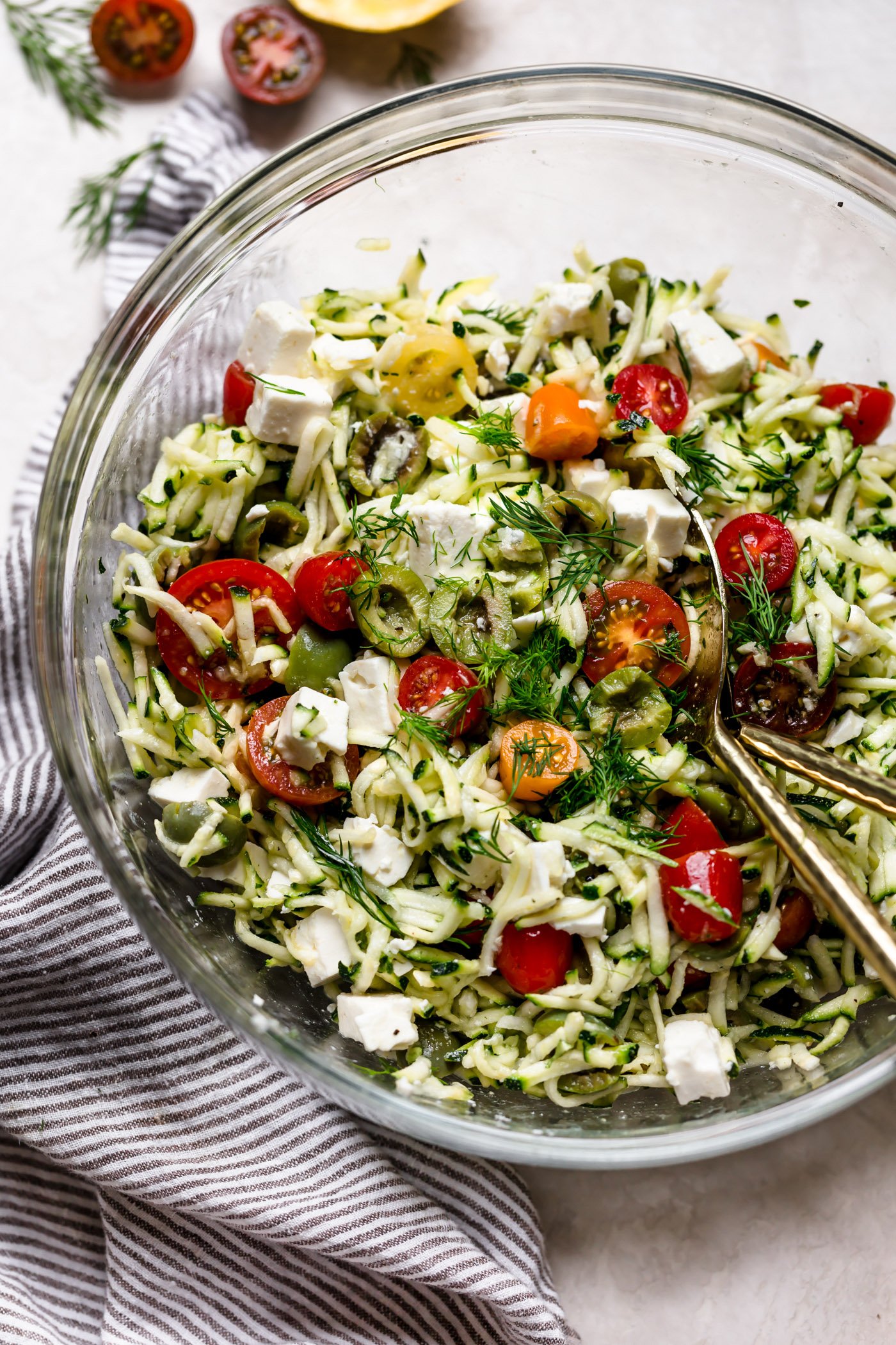 lemony grated zucchini salad with tomatoes, olives &amp; feta (7 ingredients!)