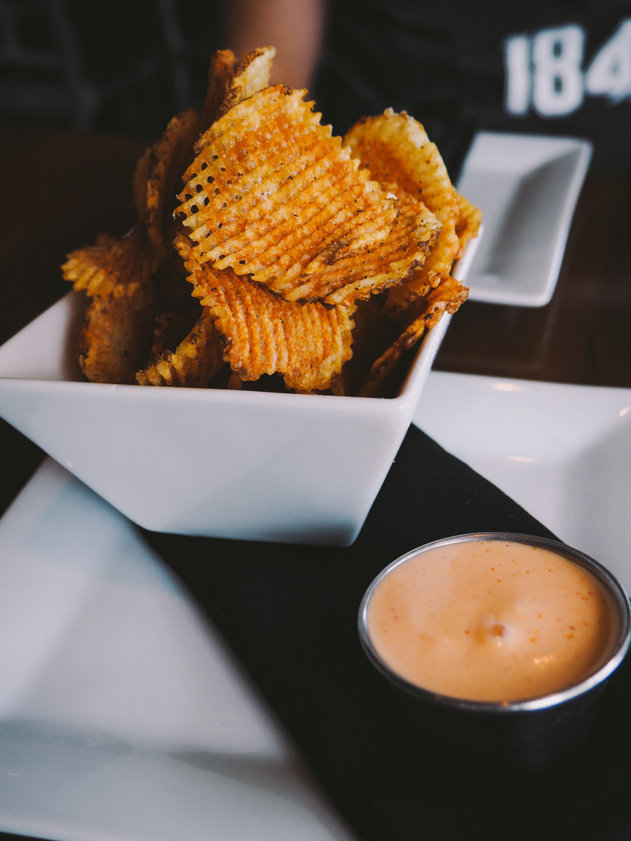 bar chips (crispy gaufrette chips, rosemary salt, sriracha mayo dipping sauce) via red wagon pizza company in sw minneapolis via playswellwithbutter.com
