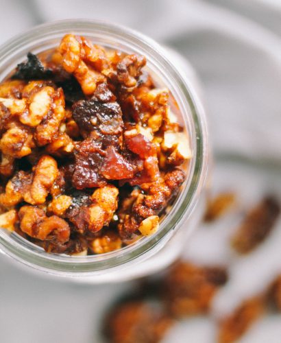 spicy candied nuts with bacons via playswellwithbutter | not your average candied nuts; these spicy candied nuts with bacon are amped up with tons of flavor from center-cut bacon, brown sugar, maple syrup, chili powder, & kosher salt, making them the perfect sweet & savory snack