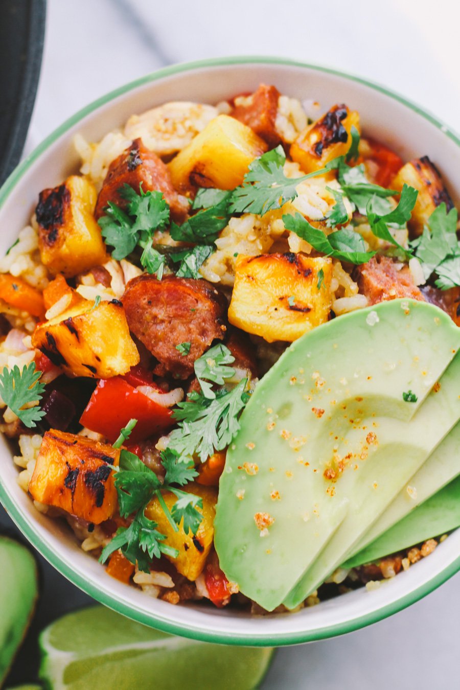 hapa fried rice with grilled pineapple, portuguese sausage & salsa verde via playswellwithbutter