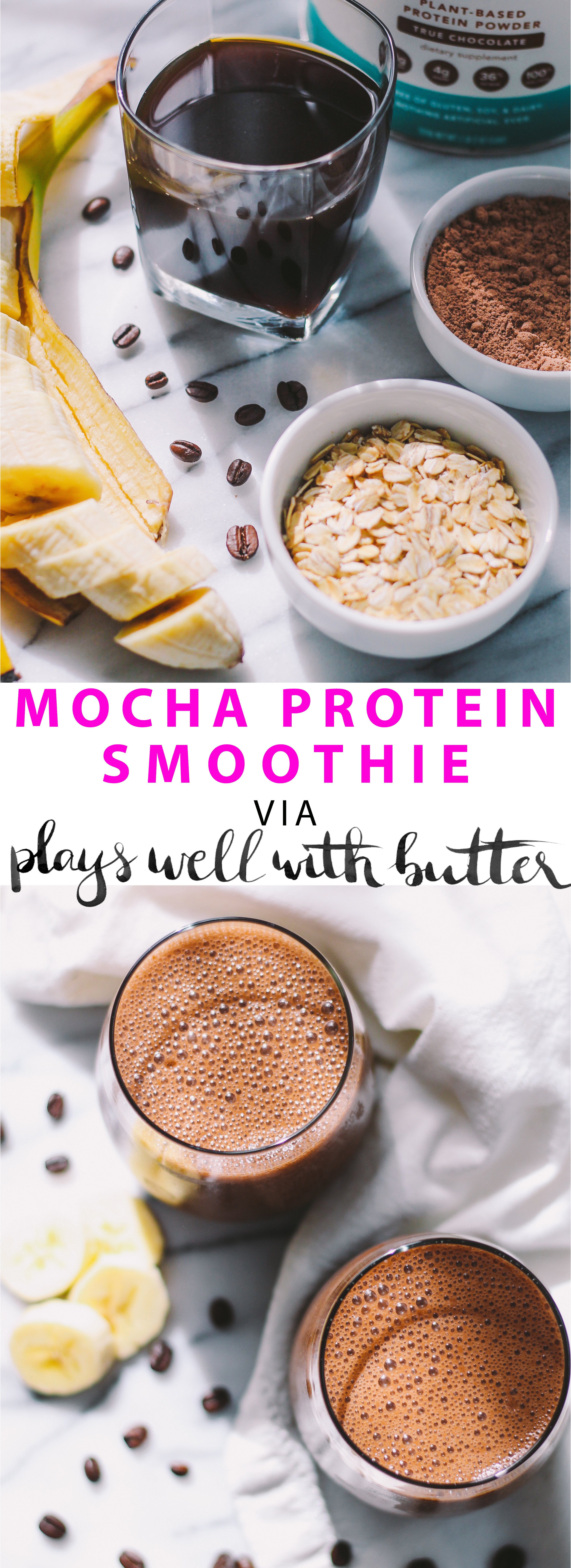 mocha protein smoothie via playswellwithbutter | perfect for a fast, on-the-go breakfast, this healthy mocha protein smoothie is easy to make, packed with protein & fiber to keep you full until lunch, & comes with the kind of caffeine buzz that's the perfect way to start the day
