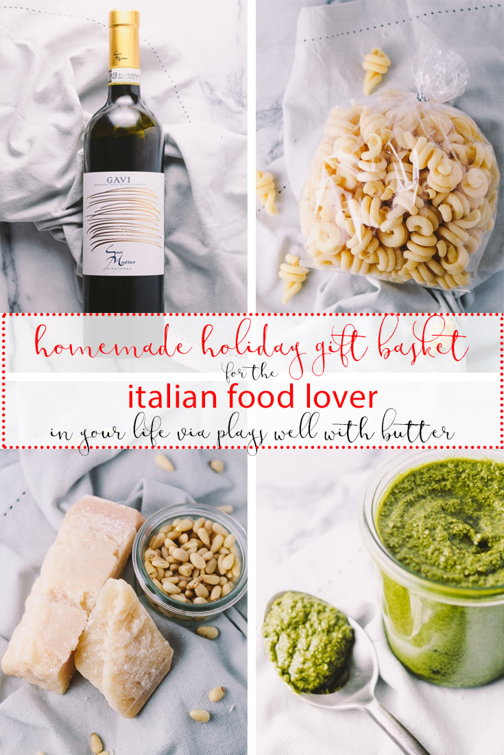treat the italophile in your life with a homemade italian gift basket this holiday season. a beautiful basket with italian wine, good cheese & pasta, & homemade kale pesto makes perfect secret santa gift, hostess gift, or christmas gift for any italian-lover in your life! | a plays well with butter holiday gift basket series