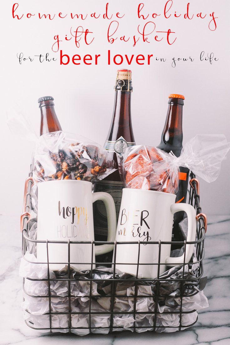 homemade holiday gift basket for the beer lover in your life | a plays well with butter holiday gift basket series | treat the beer lover in your life with a homemade beer gift basket this holiday season with the plays well with butter holiday gift basket series! pair a few great bottles of craft beer with a couple of festive beer glasses & a few handmade bar snacks & you'll totally knock the socks off of any beer nerd!