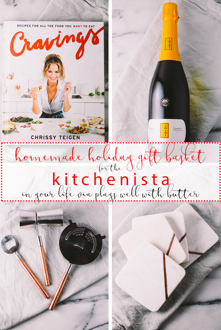 homemade holiday kitchenista gift basket| a plays well with butter holiday gift basket series | a homemade gift basket perfect for the young & trendy person who is just starting to take interest in food & dining. this gift basket features some prosecco for a festive holiday cocktail, on-trend bar gadgets, & chrissy teigen's cookbook.