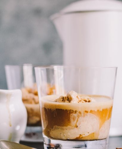a modern twist on affogato, this dirty chai affogato "drowns" a generous scoop of homemade chai ice cream with a shot of hot espresso | dirty chai | masala chai | affogato | affogato recipe | easy dessert for a crowd | easy entertaining | homemade ice cream recipe