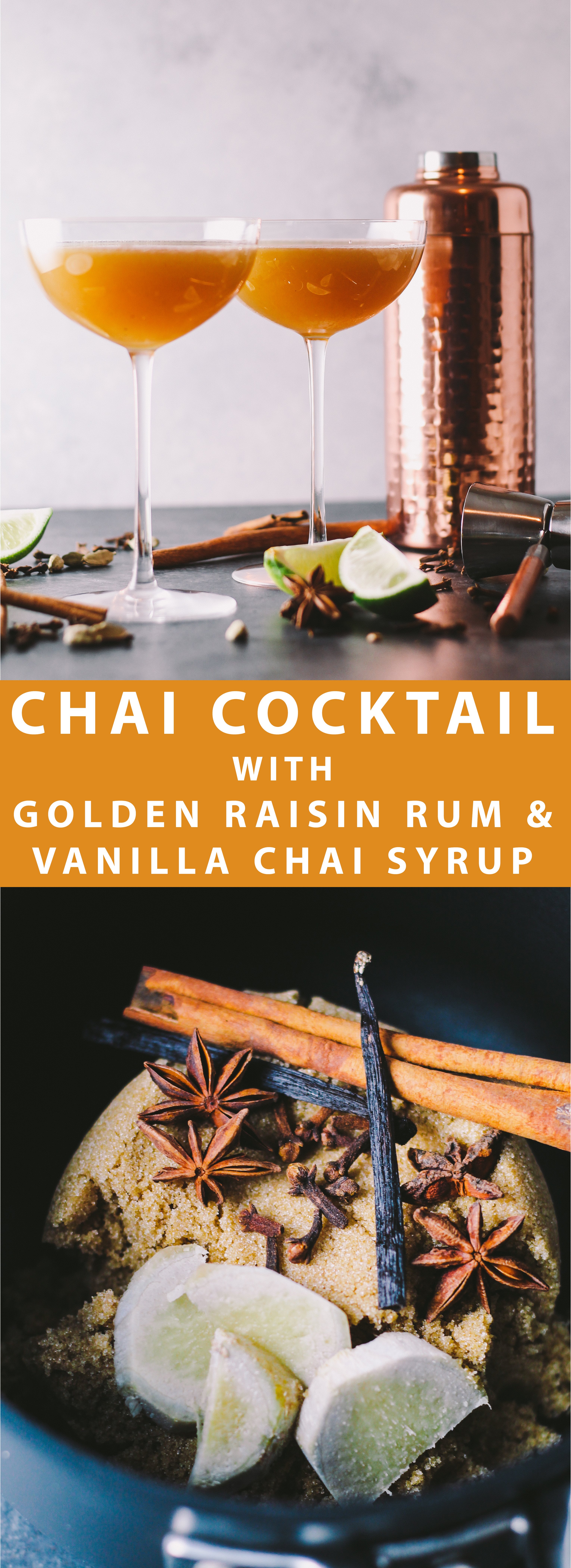chai cocktail | cocktail | hygge ideas | date night | a chai cocktail with golden raisin-infused spiced rum & a homemade vanilla chai simple syrup. this chai cocktail is just as perfect for date night at home as it is for celebrating with friends & loved ones this winter season.