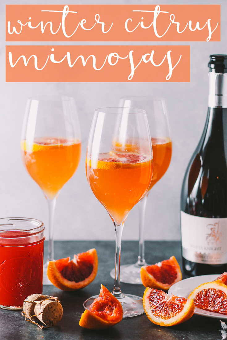 an update to a classic mimosa, these winter citrus mimosas are lightly sweetened with a homemade blood orange & honey syrup | mimosas | mimosa recipe | brunch cocktails | cocktails | cocktails recipe