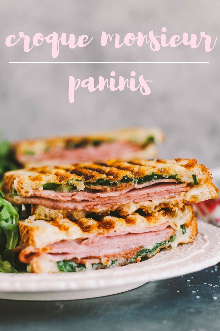 croque monsieur paninis are an easy & delicious lunch or brunch meal. a seriously simple, yet seriously elegant way to use up easter ham leftovers or to entertain a couple of girlfriends for a casual weekend lunch (just don't forget the rosé!) | croque monsieur, sandwich, french recipe, girls night, easy recipe, easter, easy entertaining |