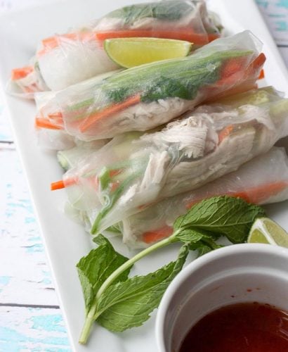 shredded chicken spring rolls (+ a to die for dipping sauce!) are the perfect summer appetizer for a dinner or lunch! super fresh & super easy to whip up!!