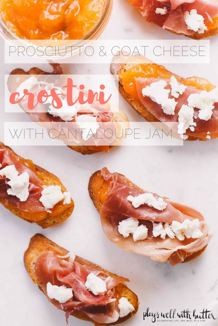 simple homemade crostini topped with salty prosciutto, tangy goat cheese, & an easy homemade cantaloupe & honey jam. these 4-ingredient crostini are just as simple as they are elegant. perfect to serve as an appetizer at your next dinner party or to bring along with you to any summer parties you have this year! | appetizer recipe, easy appetizer, appetizer idea, dinner party, summer recipe, easy entertaining, girls night, date night, crostini, cantaloupe |