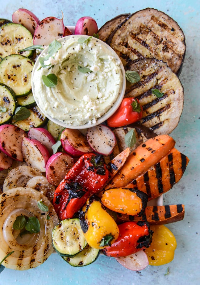 marinated grilled vegetables with avocado feta spread + 50 recipes for perfect for summer parties! | summer food, summer parties, summer recipes, summer appetizers, summer desserts, summer drinks, easy entertaining, entertaining tips |