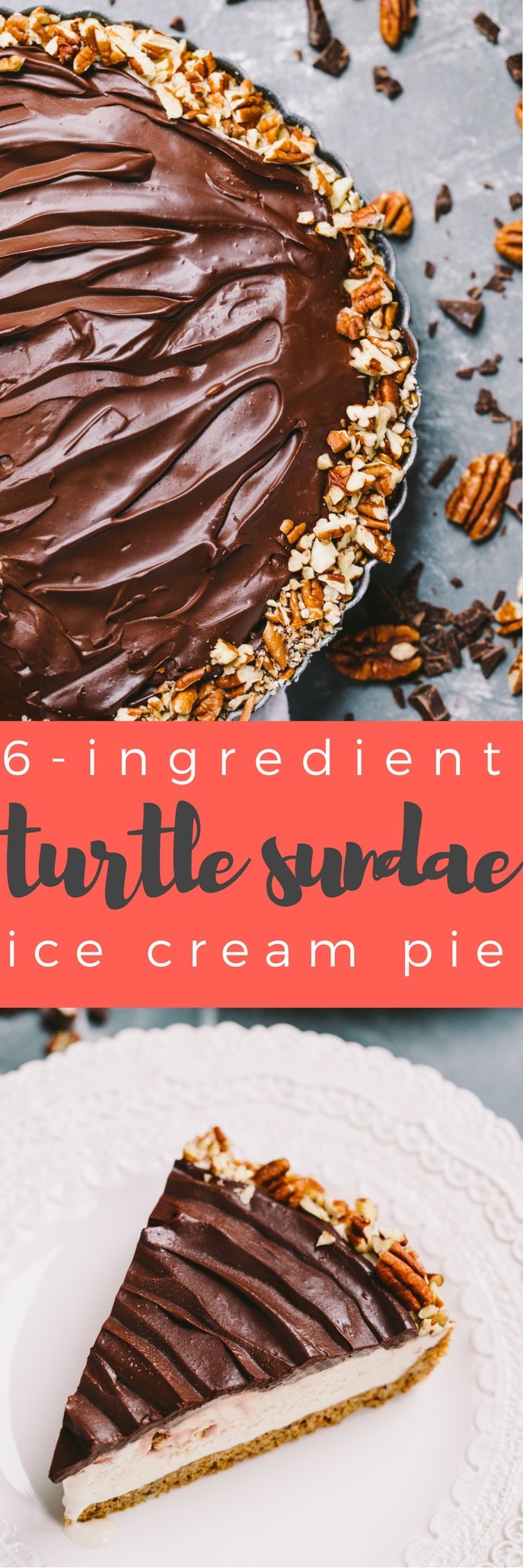 an ice cream pie & a turtle sundae all in one! this turtle sundae ice cream pie starts with a pecan-graham cracker crust, is filled with salted caramel ice cream, & is topped off with a thick, fudgy layer of dark chocolate ganache & roughly chopped pecans. 6 ingredients needed to make this turtle sundae ice cream pie - this salty sweet summer dessert couldn’t be easier or more delicious.