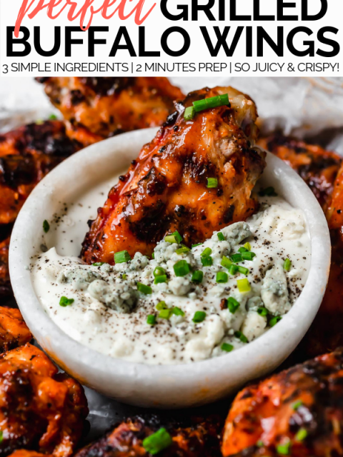 Grilled wings with graphic text overlay for Pinterest.