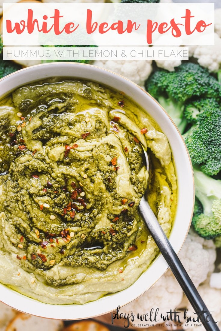 a creamy, dreamy, totally addictive white bean pesto hummus loaded with the bright flavors of pesto & lemon. perfect for healthy end-of-summer snacking!