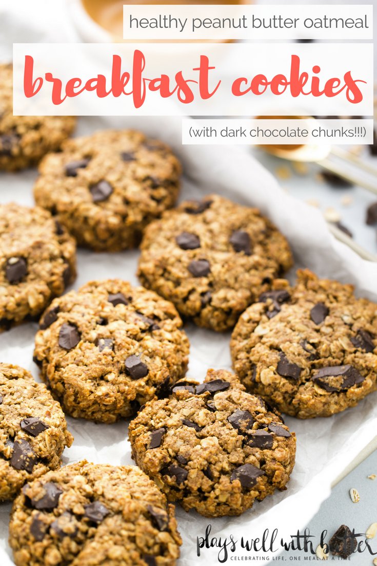 healthy peanut butter breakfast cookies loaded with oats, flax, & dark chocolate chunks! these peanut butter breakfast cookies are the best way to start any day - especially when you dunk 'em into a cup of coffee! #peanutbutter #healthybreakfastrecipe #mealpreprecipe #breakfastcookies #playswellwithbutter