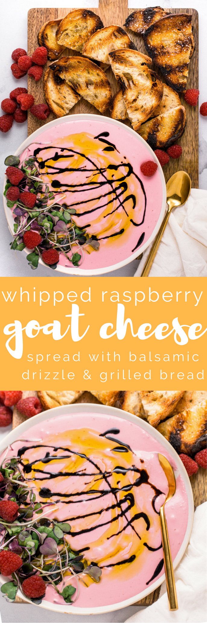 tart and juicy fresh raspberries whipped into creamy goat cheese with honey to make this whipped raspberry goat cheese spread. topped with a drizzle of reduced balsamic and served up with grilled bread, this whipped raspberry goat cheese spread is the perfect easy & elegant appetizer for any dinner party or girls night! #easyappetizerrecipe #rasberryrecipe #goatcheesespread #girlsnightidea #girlsnightrecipe #playswellwithbutter