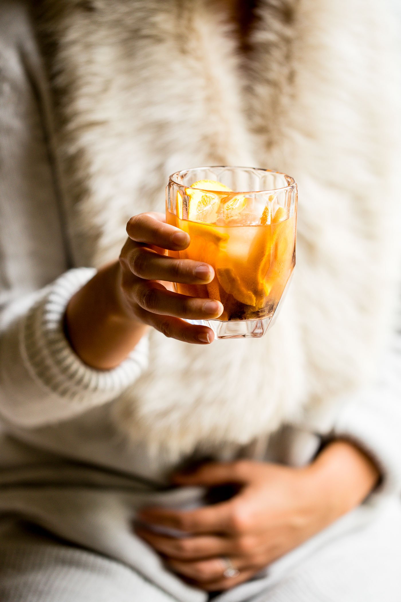 cozy bourbon old fashioneds sweetened with homemade sweet potato simple syrup. the perfect autumn cocktail for fall parties or a cozy date night at home. #playswellwithbutter #cocktail #cocktailrecipe #oldfashioned #oldfashionedrecipe #easydrinkrecipe #sweetpotatosimplesyrup #datenightathome