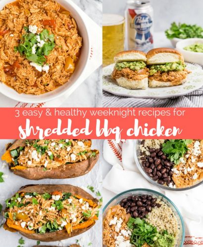 not only is slow cooker shredded bbq chicken an easy & healthy weeknight dinner, it’s SUPER versatile. here are 3 of my favorite ways to use it (without eating the same thing all week long!) - shredded bbq chicken stuffed sweet potatoes, shredded bbq chicken meal prep bowls, & shredded bbq chicken sliders perfect for game day! #playswellwithbutter #slowcookerrecipe #crockpotrecipe #healthydinnerrecipe #easydinnerrecipe #bbqchicken #barbecuechicken