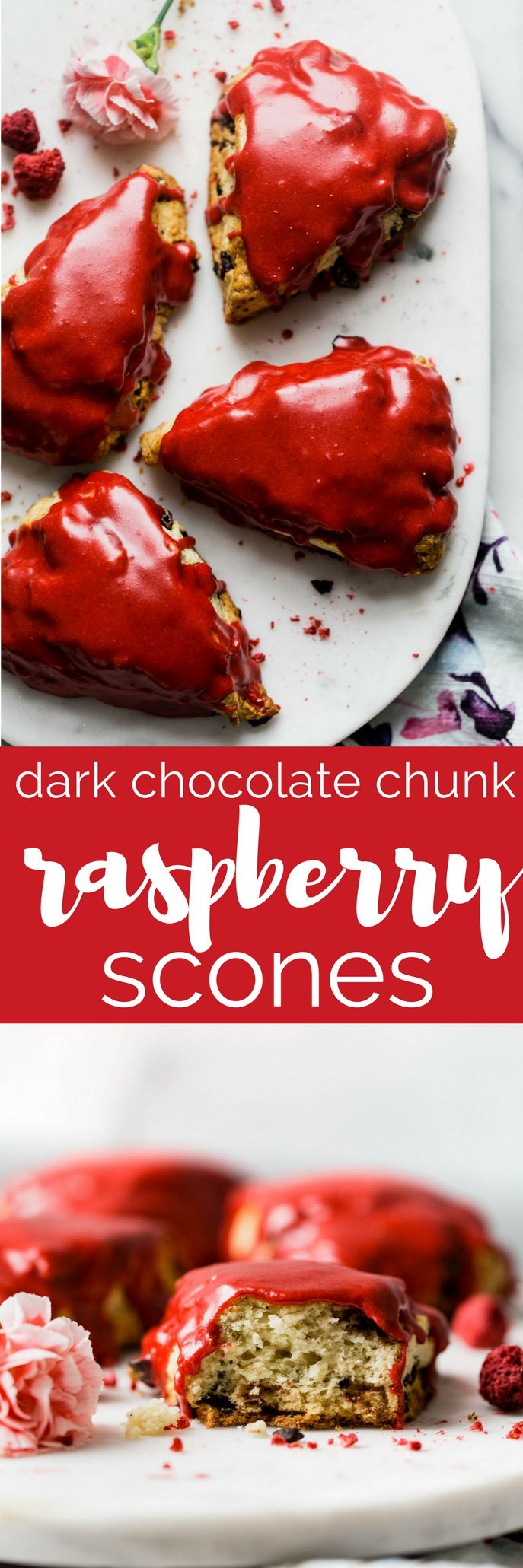 tender & flaky scones bursting with dark chocolate chunks & topped with the perfect raspberry glaze. raspberry dark chocolate chunk scones are perfect for galentine’s day, a wedding shower, baby shower, or any ladies’ brunch! #scones #sconerecipe #galentinesday #brunchrecipe #playswellwithbutter