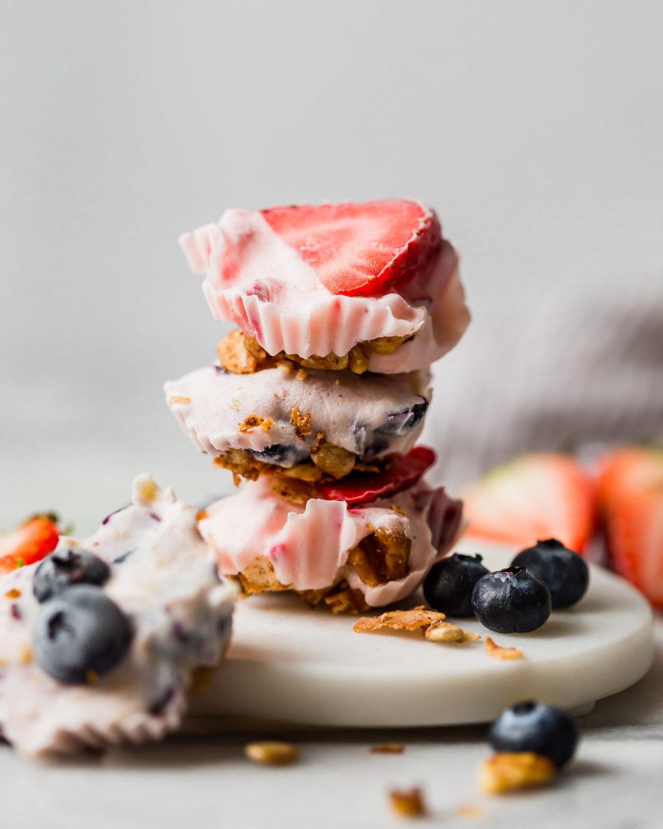 easy & healthy frozen yogurt bites call for only 5 ingredients and 10 minutes of active prep time! with wholesome ingredients like greek yogurt, fruit, honey, and your favorite granola, these frozen yogurt bites are as healthy as they are delicious - the best little treat to keep in your freezer this summer! #playswellwithbutter #frozenyogurtbites #frozenyogurt #greekyogurt #healthysnack #glutenfreerecipe #summertreats #summerdesserts