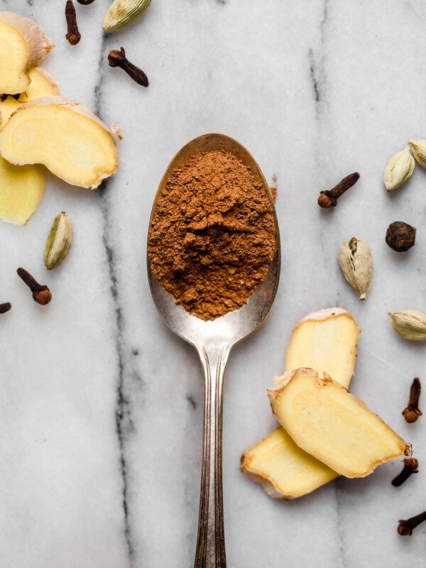 A silver spoon rests on a white & gray marble surface filled with a spoonful of ground chai spice mix. Surrounding the spoon are several raw forms of the spices that go into this homemade chai spice mix.