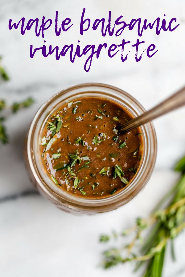 maple balsamic vinaigrette. a simple, but delicious balsamic vinaigrette recipe with pure maple syrup and freshly chopped rosemary & thyme. it takes less than 5 minutes to prep this quick & creamy balsamic vinaigrette, & it’s sure to take any salad to the next level! #playswellwithbutter #balsamicvinaigrette #balsamicvinaigrettedressing #balsamicdressing #saladdressingrecipes #saladdressing #creamybalsamicdressing 