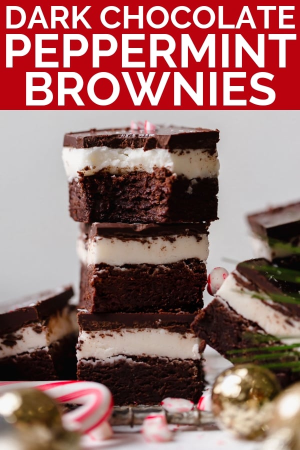 dark chocolate peppermint brownies recipe. extra fudgy dark chocolate brownies topped with homemade peppermint frosting & an easy chocolate glaze. the ultimate easy recipe for a festive holiday dessert! #mintbrowniesrecipe #classicmintbrownies #mintbrowniesfromscratch #mintfrosting #bestmintbrownies #christmascookies #christmasdesserts #darkchocolate #browniesfromscratch #brownieseasy #holidaybaking