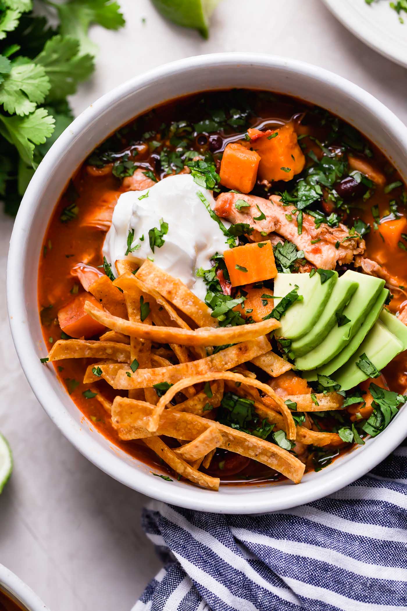 a super flavorful & super easy chicken tortilla soup recipe. this tortilla soup is made extra flavorful thanks to juicy chicken thighs, tender sweet potatoes, & your favorite light beer. made in 35 minutes or less on the stovetop, chicken tortilla soup is the perfect comforting weeknight dinner for any chilly night this fall or winter! #playswellwithbutter #chickentortillasoup #easychickentortillasoup #stovetopchickentortillasoup #mexicanfoodrecipes #mexicanrecipes #mexicansoup #soup #souprecipe
