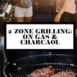 Jess of Plays Well with Butter handing a platter of grilled food to her husband Chris and an image of two steaks on a charcoal grill with graphic text overlay for Pinterest.