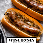 Wisconsin Grilled Beer Brats graphic with text overlay for Pinterest.