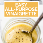 All-purpose vinaigrette with graphic text overlay for Pinterest.