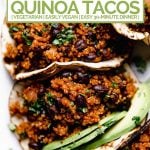 quinoa & black bean tacos with graphic text overlay for pinterest