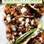 quinoa & black bean tacos with graphic text overlay for pinterest