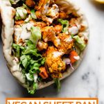Sheet pan veggie shawarma with text overlay for Pinterest.
