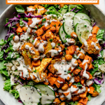 Sheet pan veggie shawarma with text overlay for Pinterest.