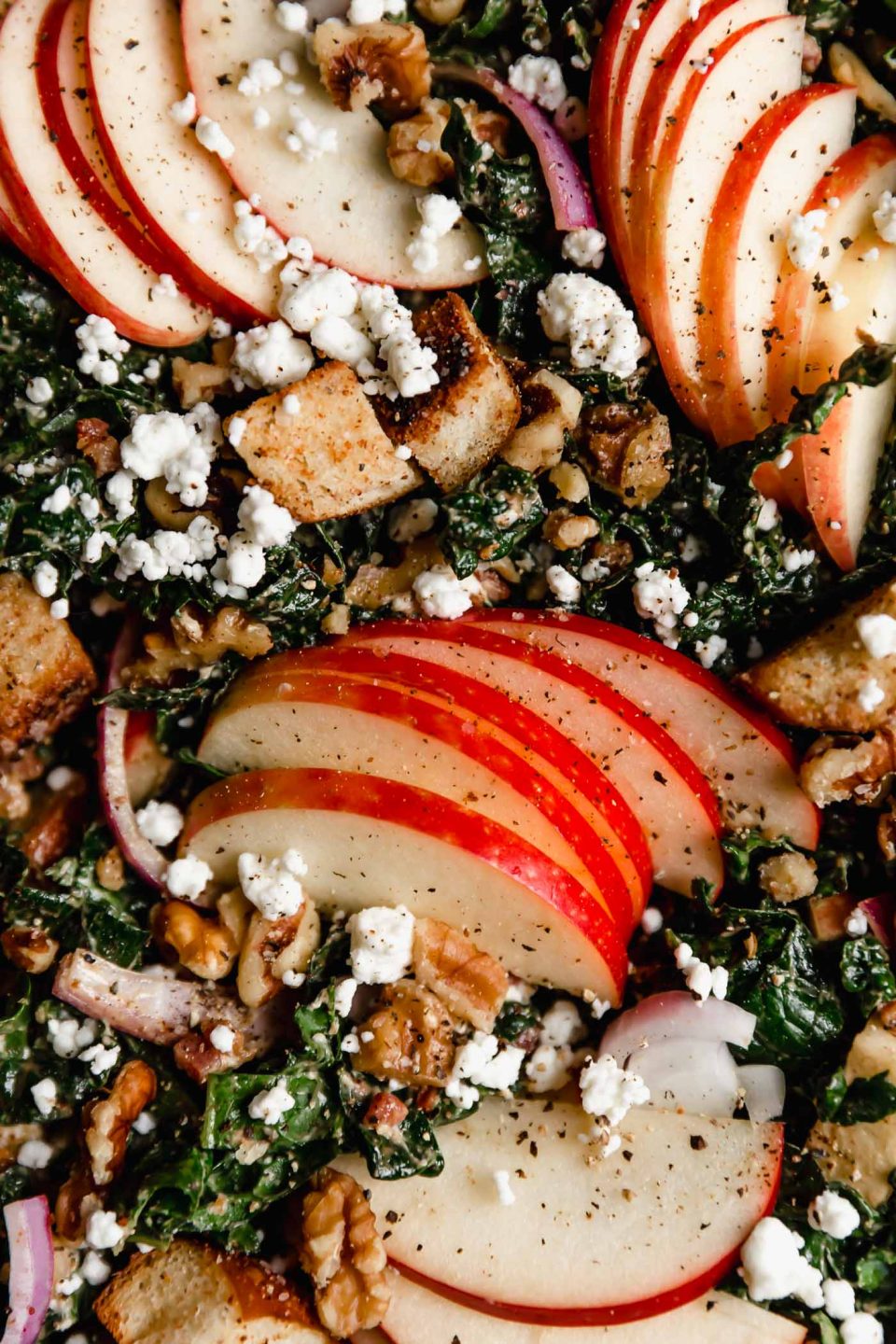 Close up shot of Autumn Kale Salad, tossed & topped with sliced honeycrisp apples, croutons, and crumbled goat cheese.