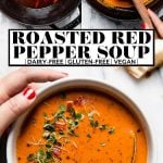Creamy Roasted Red Pepper Soup with graphic text overlay for Pinterest.