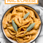 Vegan Pumpkin mac & cheese with graphic overlay for Pinterest.
