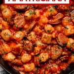 Gnocchi all'Amatriciana with graphic text overlay for Pinterest.