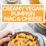 Vegan Pumpkin mac & cheese with graphic overlay for Pinterest.