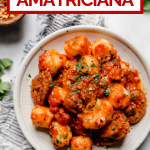 Gnocchi all'Amatriciana with graphic text overlay for Pinterest.