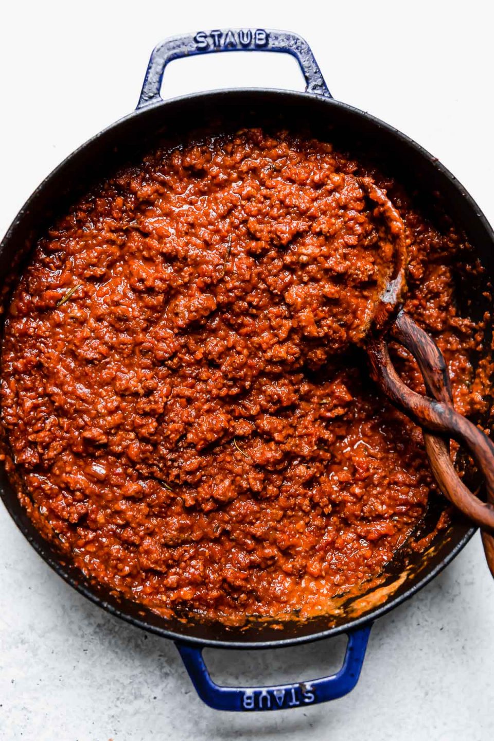 Finished bolognese sauce in a large skillet.