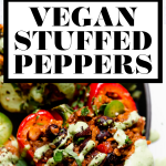 Vegan Stuffed Peppers with graphic text overlay for Pinterest.