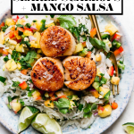 Healthy Seared Scallops with Mango Rice graphic with text overlay for Pinterest.