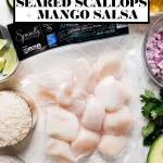 Healthy Seared Scallops with Mango Rice graphic with text overlay for Pinterest.