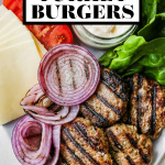 Grilled turkey burgers with graphic text overlay for Pinterest.
