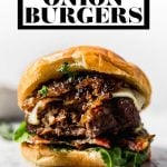 French Onion Burgers with graphic text overlay for Pinterest.