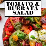 Tomato Burrata Salad with graphic text overlay for Pinterest.
