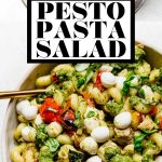 Summer Pesto Pasta Salad with graphic text overlay for Pinterest.