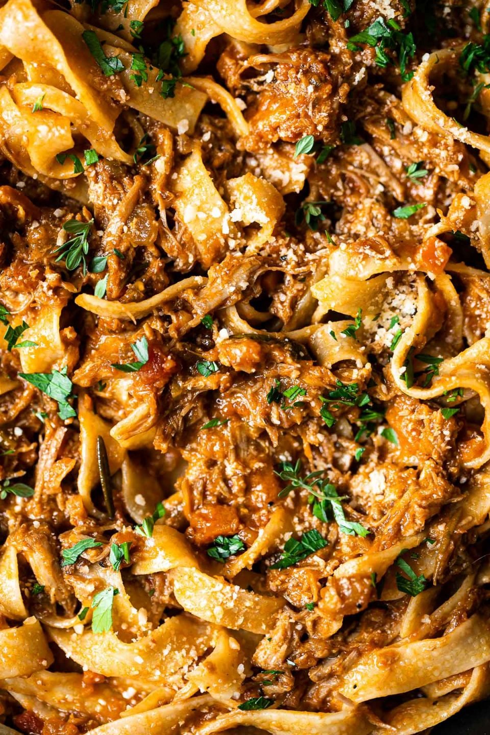 Close up of pork shoulder ragu tossed into pappardelle pasta in a skillet. The pasta is topped with fresh herbs.